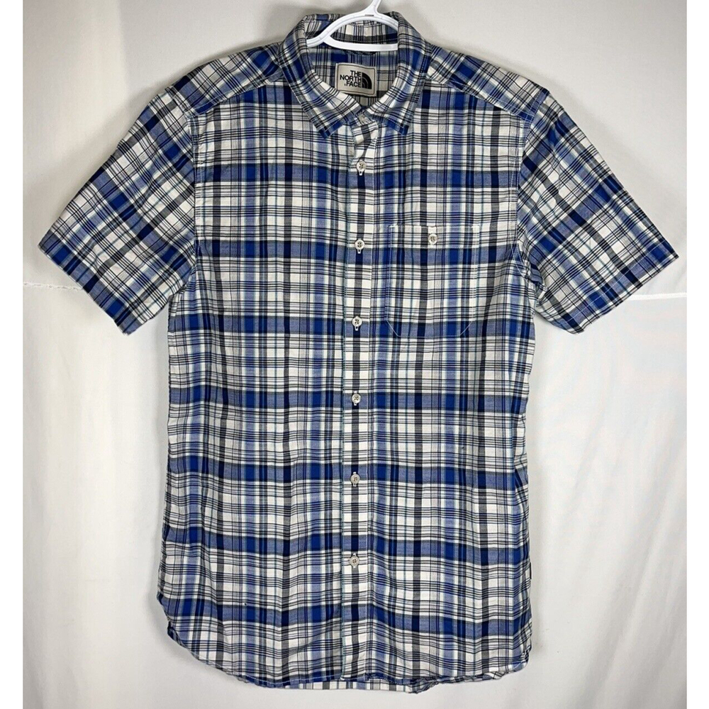The North Face Shirt Mens Small Blue White Plaid Button Up Short Sleeve Casual